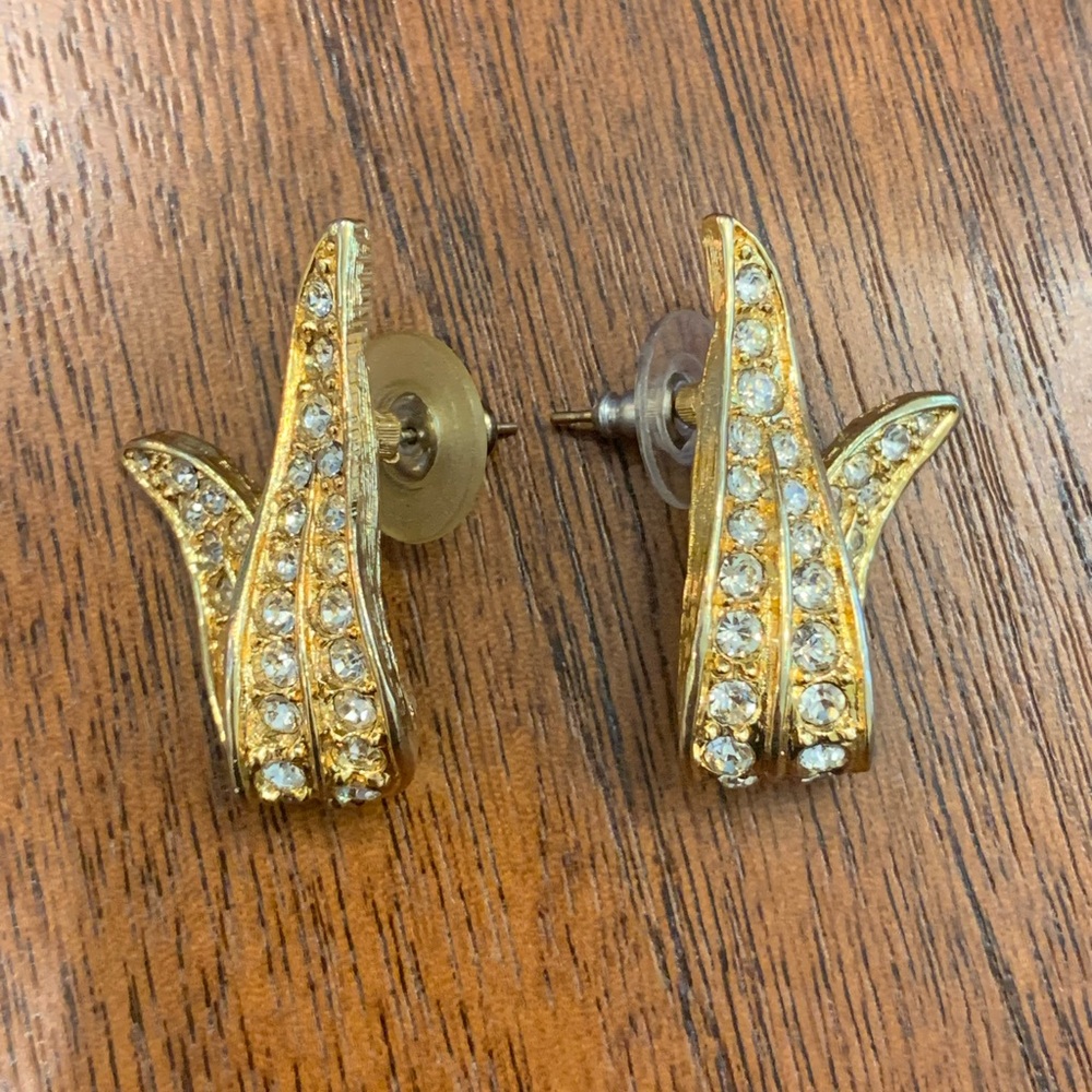 Vintage Givenchy Gold Tone Rhinestone Ribbon Post Earrings